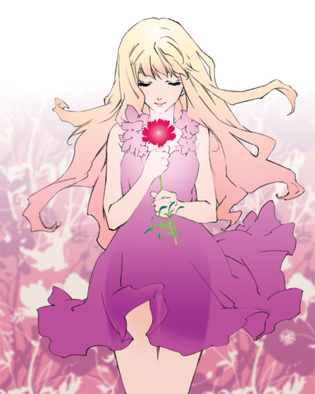 hiiragi yuki (escape club), sheryl nome, macross, macross frontier, 00s, blonde hair, closed eyes, clothes lift, dress, dress lift, flower, long hair, solo