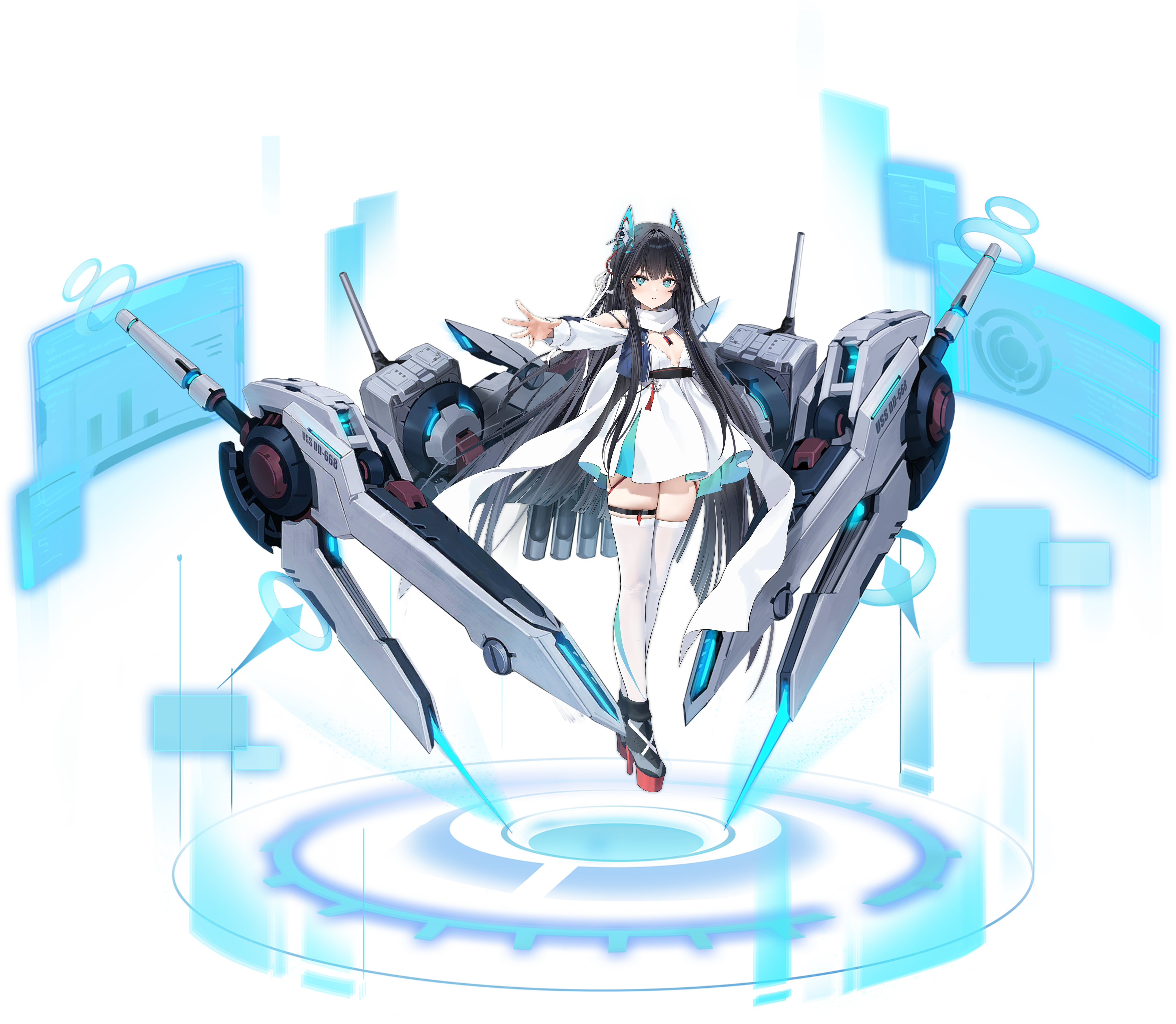 azur lane, absurdres, highres, non-web source, official art, 1girl, belt, black belt, black hair, black shoes, blue eyes, breasts, clarence k. bronson (azur lane), dress, full body, hair ornament, hair ribbon, long hair, ribbon, rigging, rudder footwear, scarf, ship turret, shoes, small breasts, solo, thigh strap, thighhighs, torpedo tubes, very long hair, white dress, white ribbon, white scarf, white thighhighs