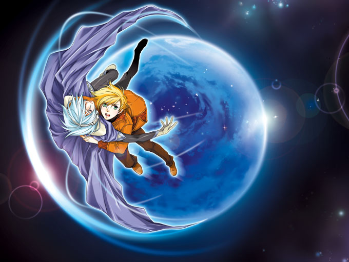 hiiragi yuki (escape club), jomy marquis shin, soldier blue, toward the terra, 2boys, albino, blonde hair, cape, closed eyes, green eyes, headphones, lens flare, male focus, multiple boys, outdoors, planet, space, white hair