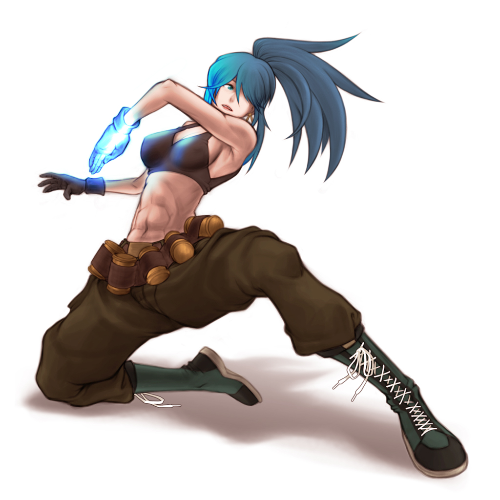risdead, leona heidern, snk, the king of fighters, bad id, bad pixiv id, 1girl, abs, bare shoulders, blue hair, boots, female focus, hair over one eye, midriff, muscular, muscular female, solo