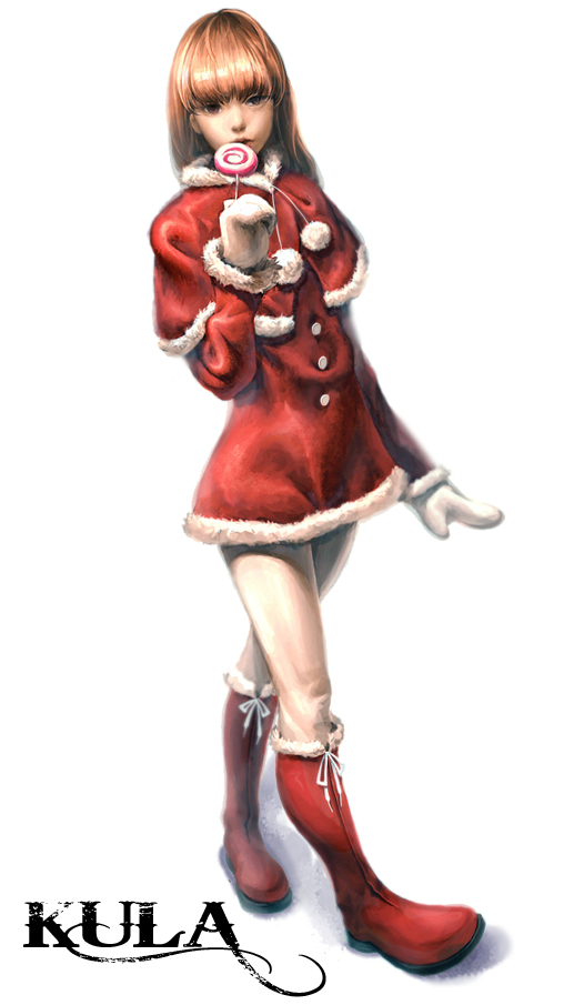 newwan, kula diamond, snk, the king of fighters, 1girl, boots, brown hair, candy, coat, female focus, food, gloves, legs, lollipop, long hair, mittens, santa costume, solo, swirl lollipop, winter clothes, winter coat