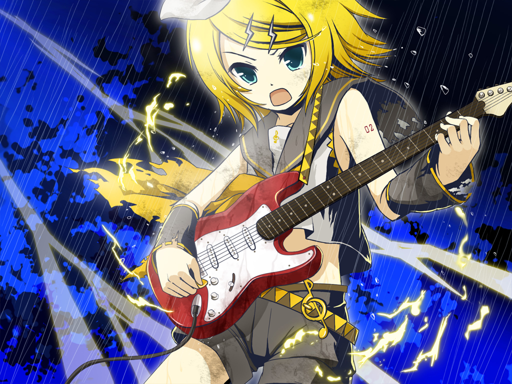 shiramori yuse, kagamine rin, vocaloid, bad id, bad pixiv id, 1girl, blonde hair, electric guitar, electricity, female focus, guitar, instrument, musical note, open mouth, shorts, solo, torn clothes