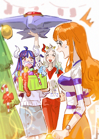 raine (acke2445), nami (one piece), starmie, ulti (one piece), yamato (one piece), nintendo, one piece, pokemon, commentary, symbol-only commentary, 3girls, ahoge, arm up, blue hair, blue skirt, blush, box, breasts, brown eyes, candy, candy cane, christmas, christmas ornaments, christmas tree, feet out of frame, food, from side, gen 1 pokemon, holding, holding box, horns, large breasts, long hair, looking at another, multiple girls, open mouth, orange hair, pants, pink eyes, red pants, shirt, skirt, surprised, sweatdrop, wavy hair, white hair