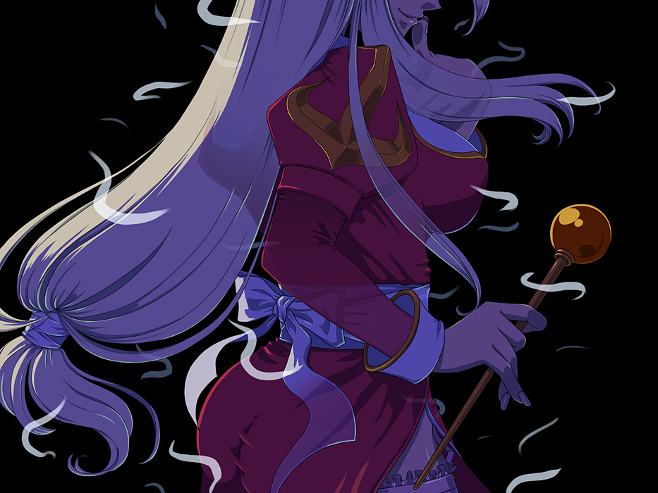 susukinohukurou, high priest (ragnarok online), margaretha sorin, ragnarok online, lace-trimmed legwear, 1girl, ass, bio lab, blonde hair, breasts, female focus, frilled thigh strap, garter belt, garter straps, head out of frame, lace, lace trim, large breasts, long hair, ribbon, side slit, smirk, solo, thigh strap, thighhighs, wand, weapon