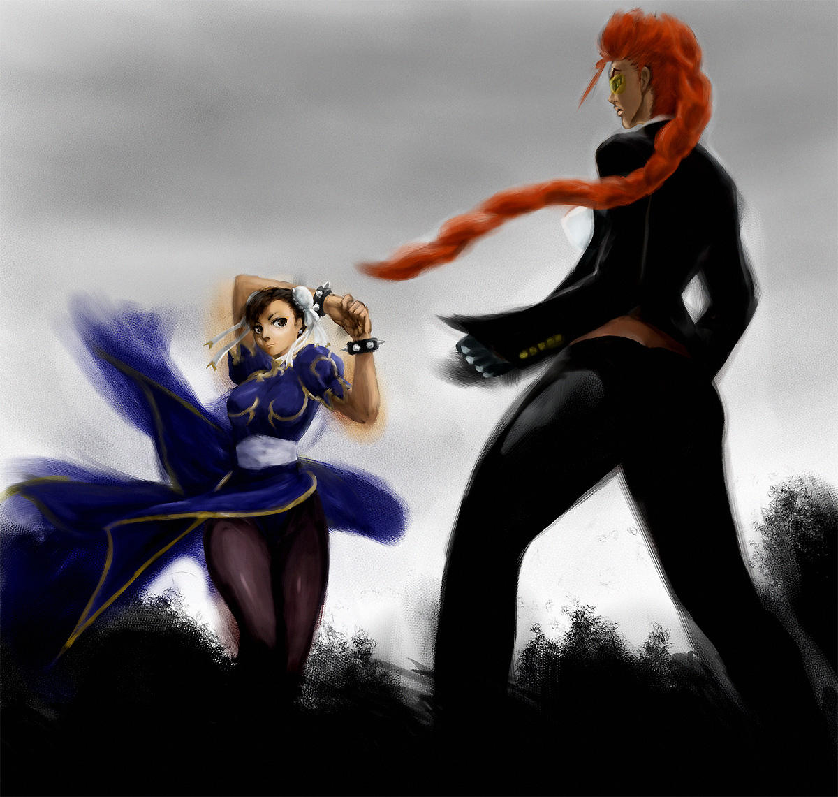 bizon (p regions), chun-li, crimson viper, capcom, street fighter, street fighter iv (series), 2girls, battle, black hair, bracelet, braid, bun cover, china dress, chinese clothes, double bun, dress, gun, hair bun, jewelry, multiple girls, pantyhose, pelvic curtain, pompadour, red hair, sash, spiked bracelet, spikes, submachine gun, sunglasses, tan, weapon