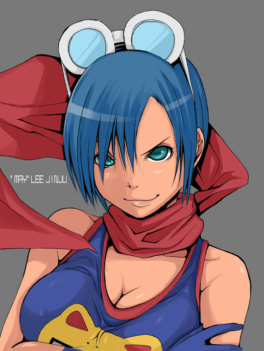 jankey, may lee, snk, the king of fighters, 1girl, bare shoulders, blue hair, breasts, cape, cleavage, female focus, goggles, goggles on head, short hair, solo