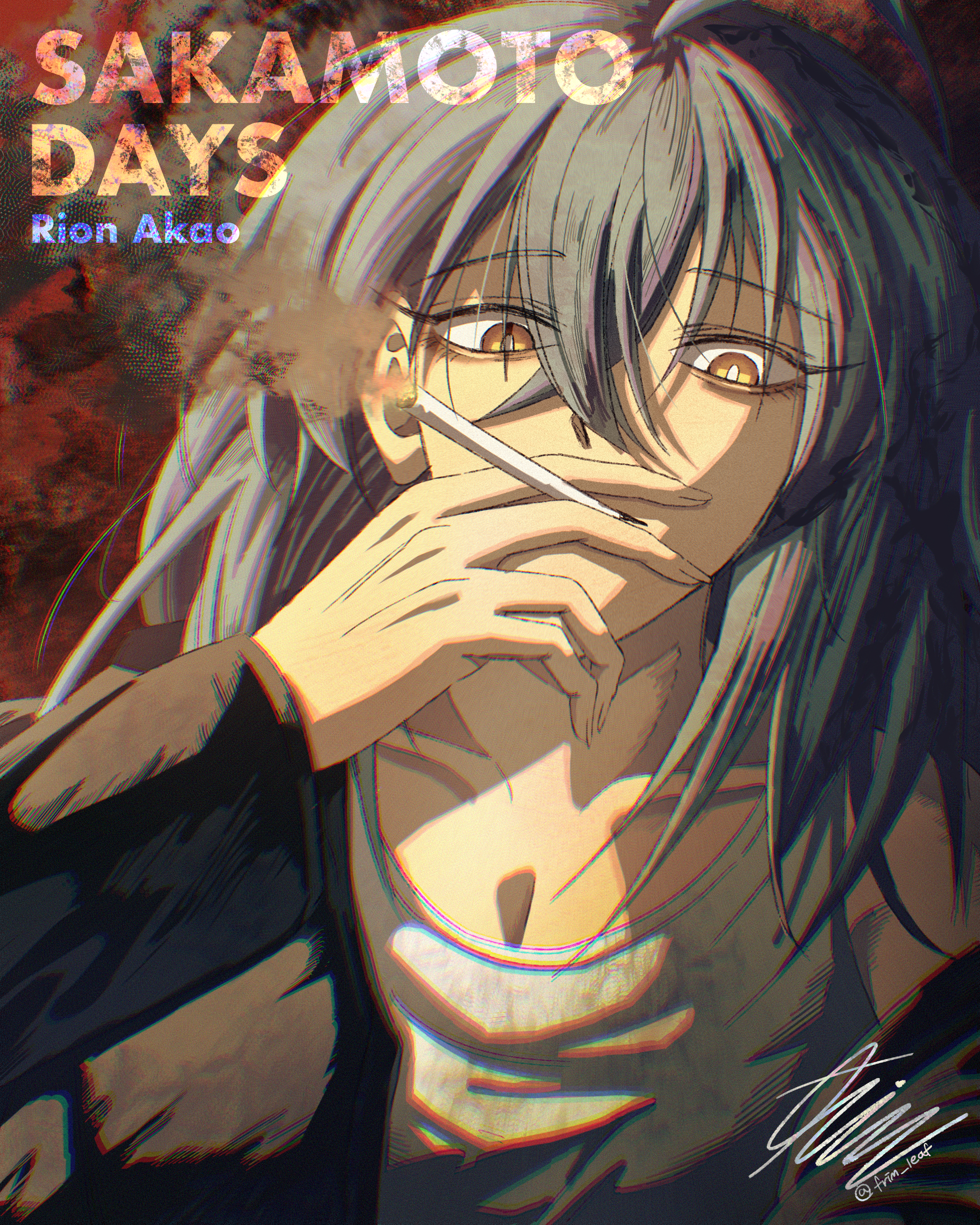 akao rion, sakamoto days, absurdres, commentary, highres, 1girl, ahoge, artist name, black jacket, blue hair, character name, cigarette, collarbone, copyright name, frim leaf, hair between eyes, holding, holding cigarette, jacket, long hair, looking at viewer, shirt, signature, single bare shoulder, smoke, solo, twitter username, white shirt, yellow eyes