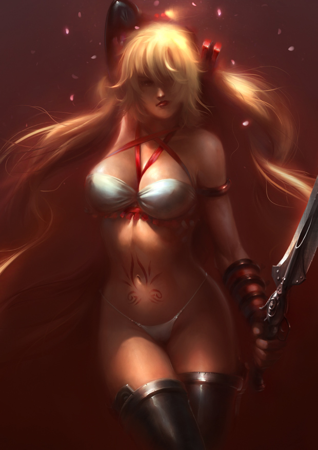 agnidevi, ayumi (x-blades), x-blades, 1girl, bare shoulders, blonde hair, breasts, dark-skinned female, dark skin, dual wielding, female focus, gloves, gunblade, holding, long hair, markings, panties, realistic, solo, tattoo, thong, tri tails, twintails, underwear, very long hair, weapon