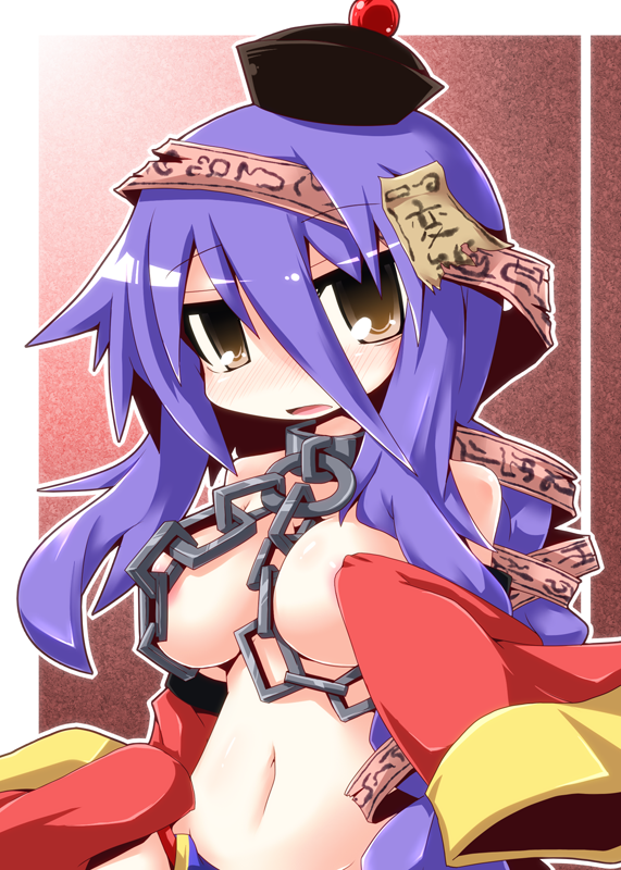 reku, 1girl, breasts, brown eyes, chain, female focus, gradient background, hat, long hair, navel, purple hair, solo, topless female