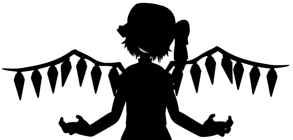 flandre scarlet, touhou, screencap, bad apple!!, evil grin, evil smile, grin, monochrome, side ponytail, silhouette, smile, solo, wings