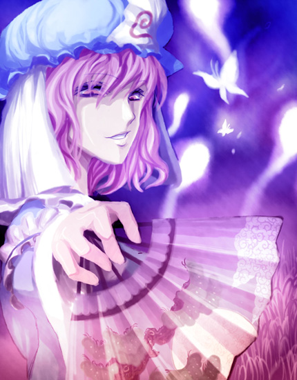 nakagawa maro, saigyouji yuyuko, touhou, 1girl, bug, butterfly, female focus, folding fan, ghost, hand fan, hat, pink hair, solo