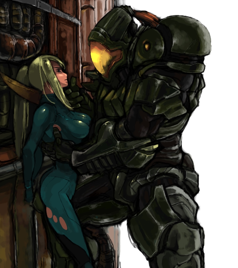 sage (mami1210), samus aran, weavel, metroid, metroid prime hunters, nintendo, 1girl, against wall, armor, blonde hair, blue eyes, bodysuit, ponytail, power armor, power suit, size difference, torn clothes, you gonna get raped, zero suit