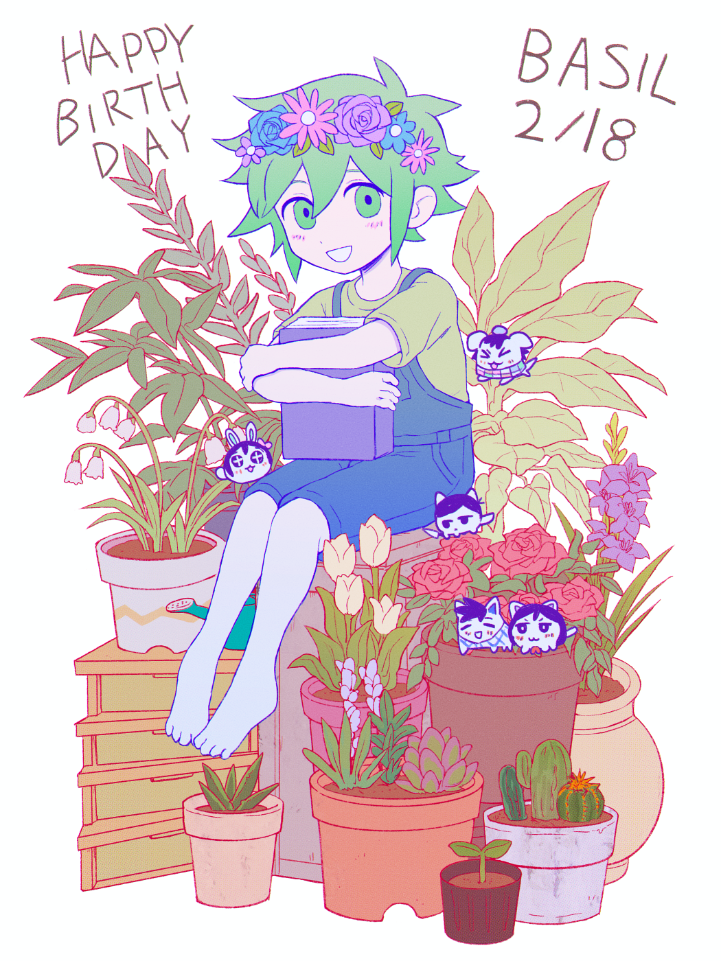 g tsurius, basil (headspace) (omori), basil (omori), omori, highres, 1boy, animal, antenna hair, barefoot, blue overalls, blue shorts, book, cat, colored skin, dated, dog, flower wreath, green eyes, green hair, green shirt, hair between eyes, happy birthday, head wreath, holding, holding book, light blush, male focus, messy hair, overall shorts, overalls, plant, potted plant, rabbit, shirt, short hair, shorts, simple background, smile, solo, white background, white skin