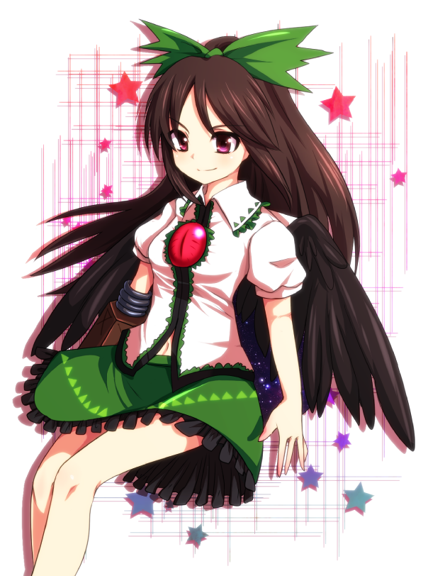 kohaku., kohaku (pixiv321156), kurami (kohaku.), reiuji utsuho, touhou, 1girl, bow, brown hair, female focus, hair ribbon, long hair, red eyes, ribbon, solo, wings