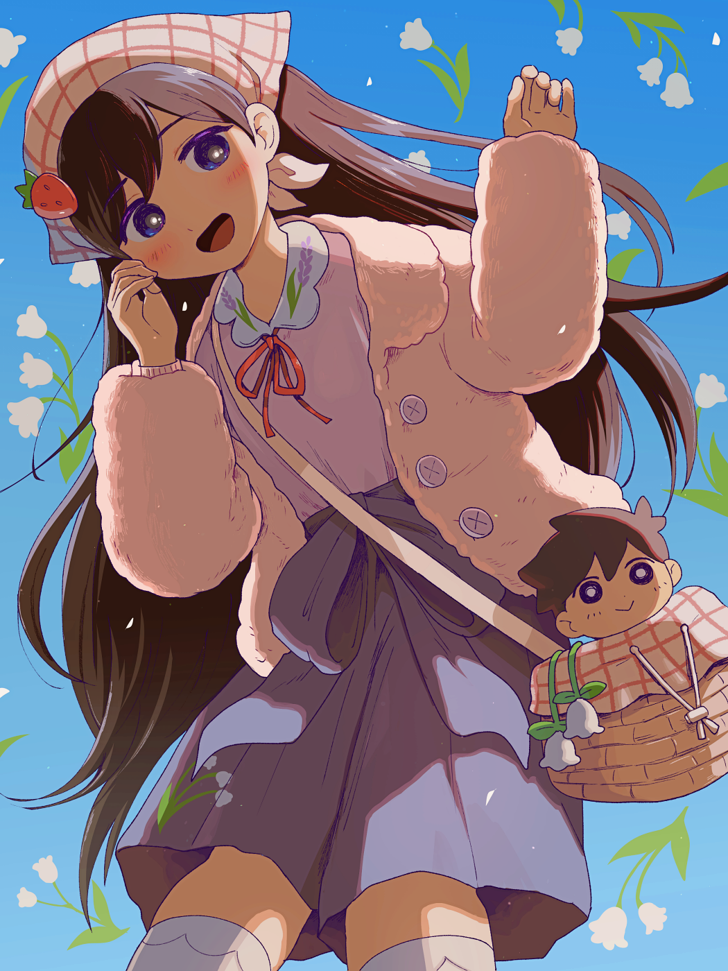 g tsurius, hero (faraway) (omori), hero (omori), mari (birthday) (omori), mari (faraway) (omori), mari (omori), omori, highres, 1girl, bag, black eyes, black hair, blue background, blue shorts, blush, character doll, doll, flower, hair behind ear, handbag, jacket, kneehighs, lily of the valley, long hair, long sleeves, looking at viewer, open mouth, shorts, simple background, smile, socks, solo, stuffed toy, white jacket, white socks