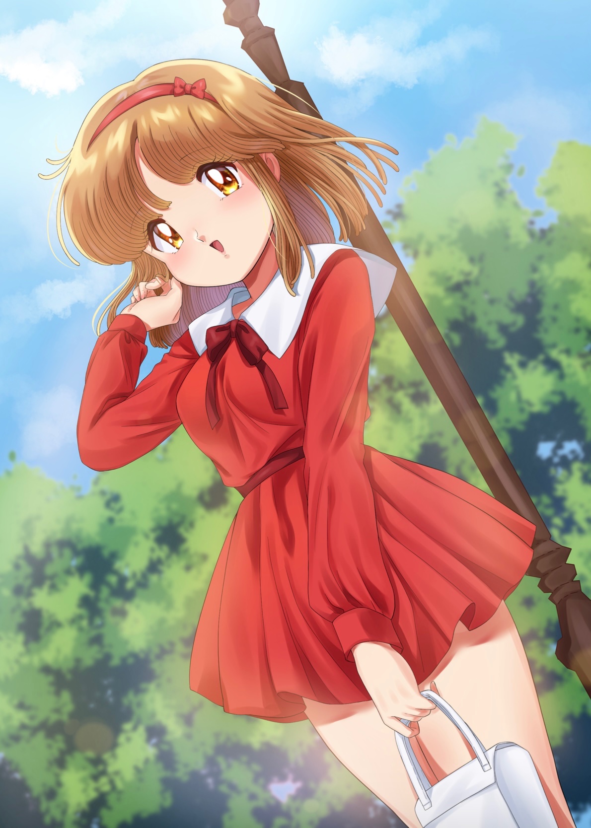 nka 46, nanako (nanako sos), nanako sos, commentary request, highres, 1girl, bag, belt, blue sky, blurry, blurry background, bow, bow hairband, brown eyes, brown hair, cowboy shot, dress, dutch angle, hairband, hand in own hair, hand up, holding, holding bag, lamppost, looking at viewer, medium hair, neck ribbon, open mouth, outdoors, red belt, red bow, red dress, red hairband, red ribbon, ribbon, sailor collar, short dress, sky, smile, solo, standing, tree, white bag, white sailor collar