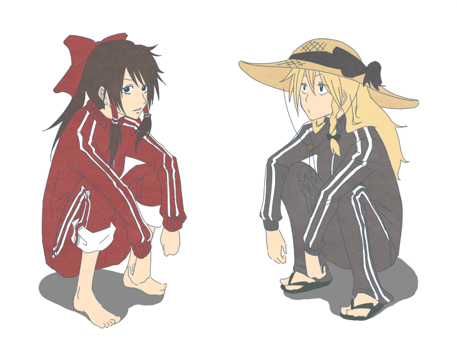 birii, hakurei reimu, kirisame marisa, touhou, bad id, bad pixiv id, 2girls, alternate costume, barefoot, blonde hair, braid, brown hair, contemporary, female focus, gym uniform, hat, multiple girls, ribbon, sandals, sitting, slav squatting, squatting, straw hat