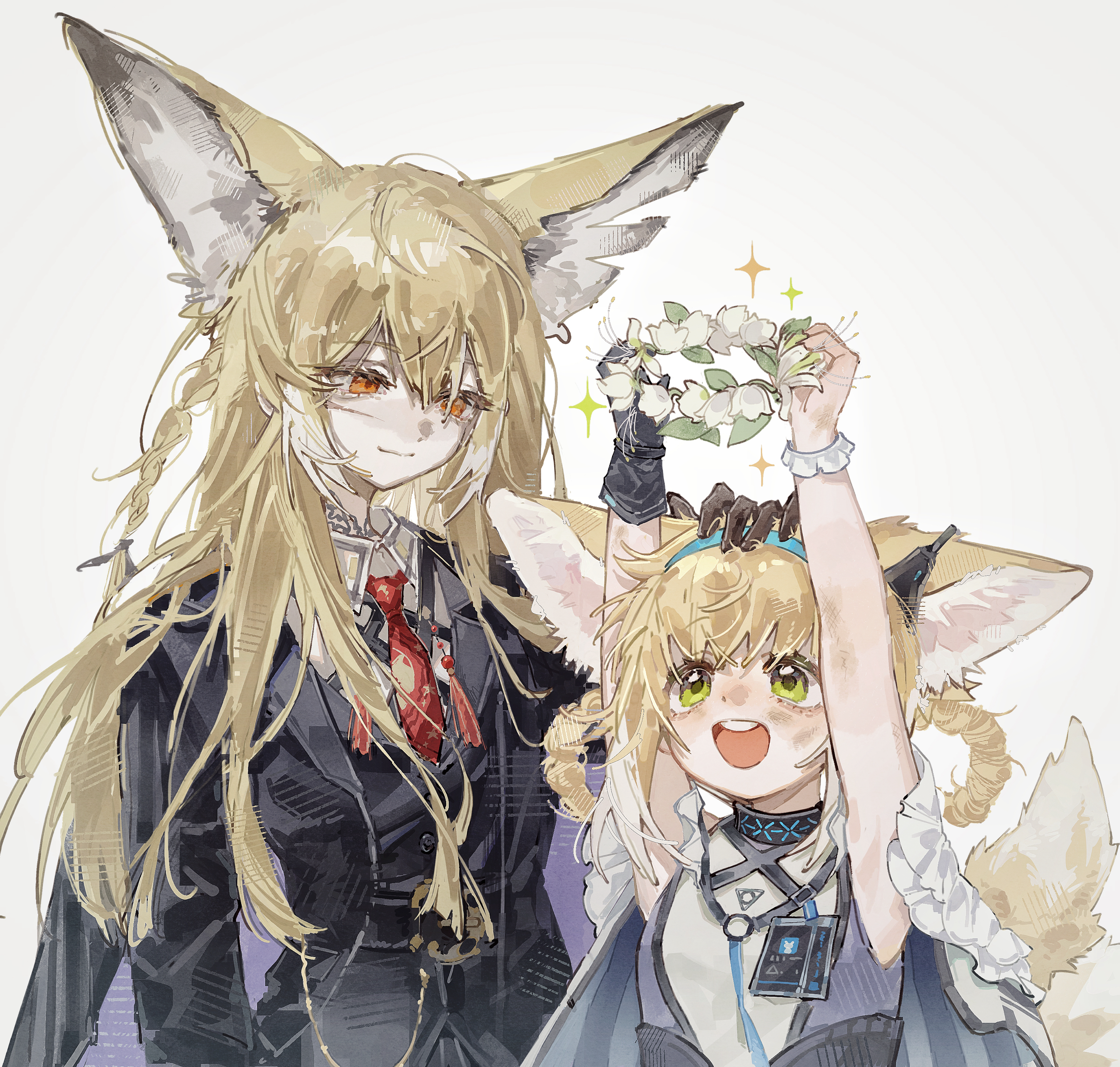 huaique, suzuran (arknights), vulpisfoglia (arknights), arknights, absurdres, chinese commentary, commentary request, highres, 2girls, animal ears, blonde hair, braid, fox ears, fox girl, fox tail, green eyes, hairband, mother and daughter, multiple girls, necktie, shirt, smile, tail, white background, white shirt