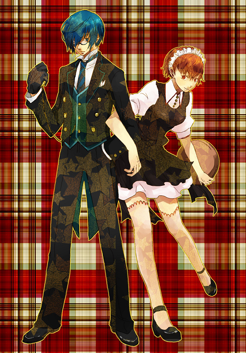shigure wasa, ws (pixiv), shiomi kotone, yuuki makoto (persona 3), atlus, persona, persona 3, persona 3 portable, bad id, bad pixiv id, colorized, 1boy, 1girl, apron, blue eyes, blue hair, brown hair, formal clothes, glasses, gloves, hairband, maid, maid apron, necktie, red eyes, thighhighs