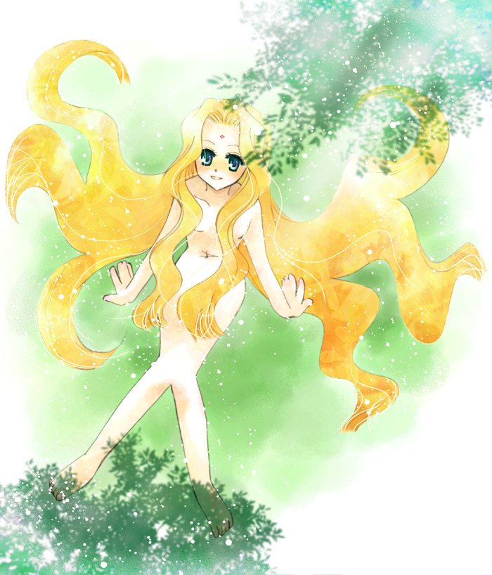 chinako (pixiv719850), mokuren, boku no chikyuu o mamotte, 1girl, blonde hair, blue eyes, censored, convenient censoring, facial mark, female focus, forehead mark, from above, hair censor, hair over breasts, long hair, nude, solo, very long hair