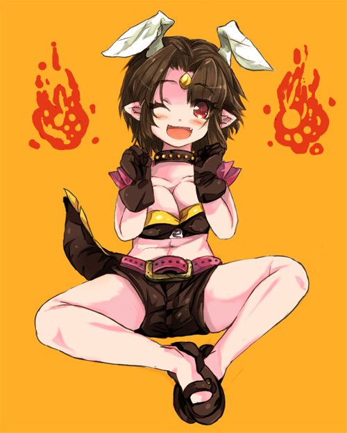 umitsuki, zetton, ultra series, ultraman (1st series), bad id, bad pixiv id, 1girl, belt, blush, breasts, brown hair, cleavage, collar, fang, female focus, fire, gloves, horns, large breasts, midriff, navel, one eye closed, open mouth, personification, pointy ears, red eyes, short hair, shorts, solo, tail, wink