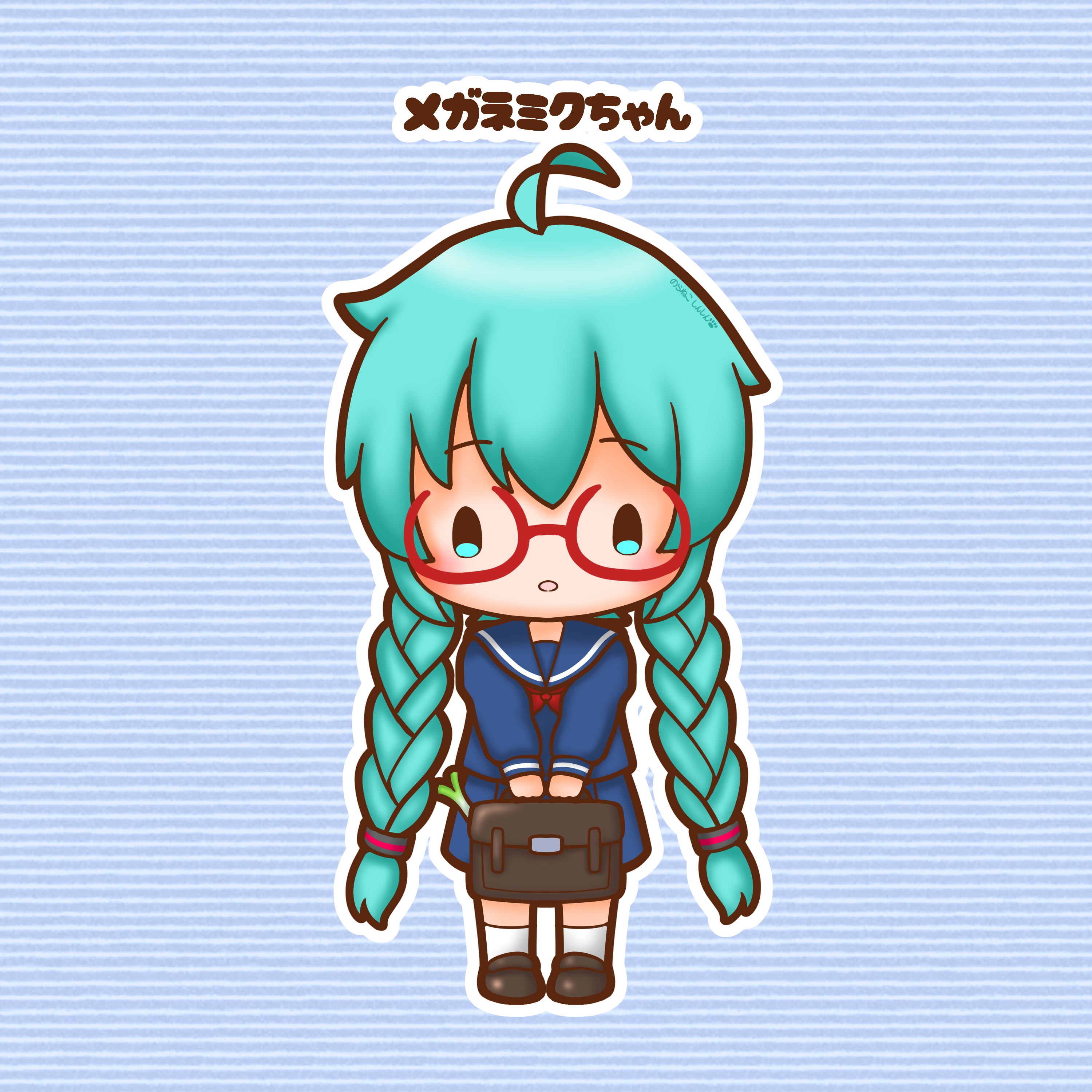 sh1n chan, hatsune miku, vocaloid, absurdres, commentary request, highres, 1girl, ahoge, alternate hairstyle, aqua eyes, aqua hair, blue background, blue serafuku, braid, briefcase, chibi, chibi only, full body, glasses, holding, holding briefcase, long hair, looking at viewer, outline, parted lips, red-framed eyewear, school uniform, serafuku, solo, spring onion, standing, straight-on, striped background, twin braids, very long hair, white outline