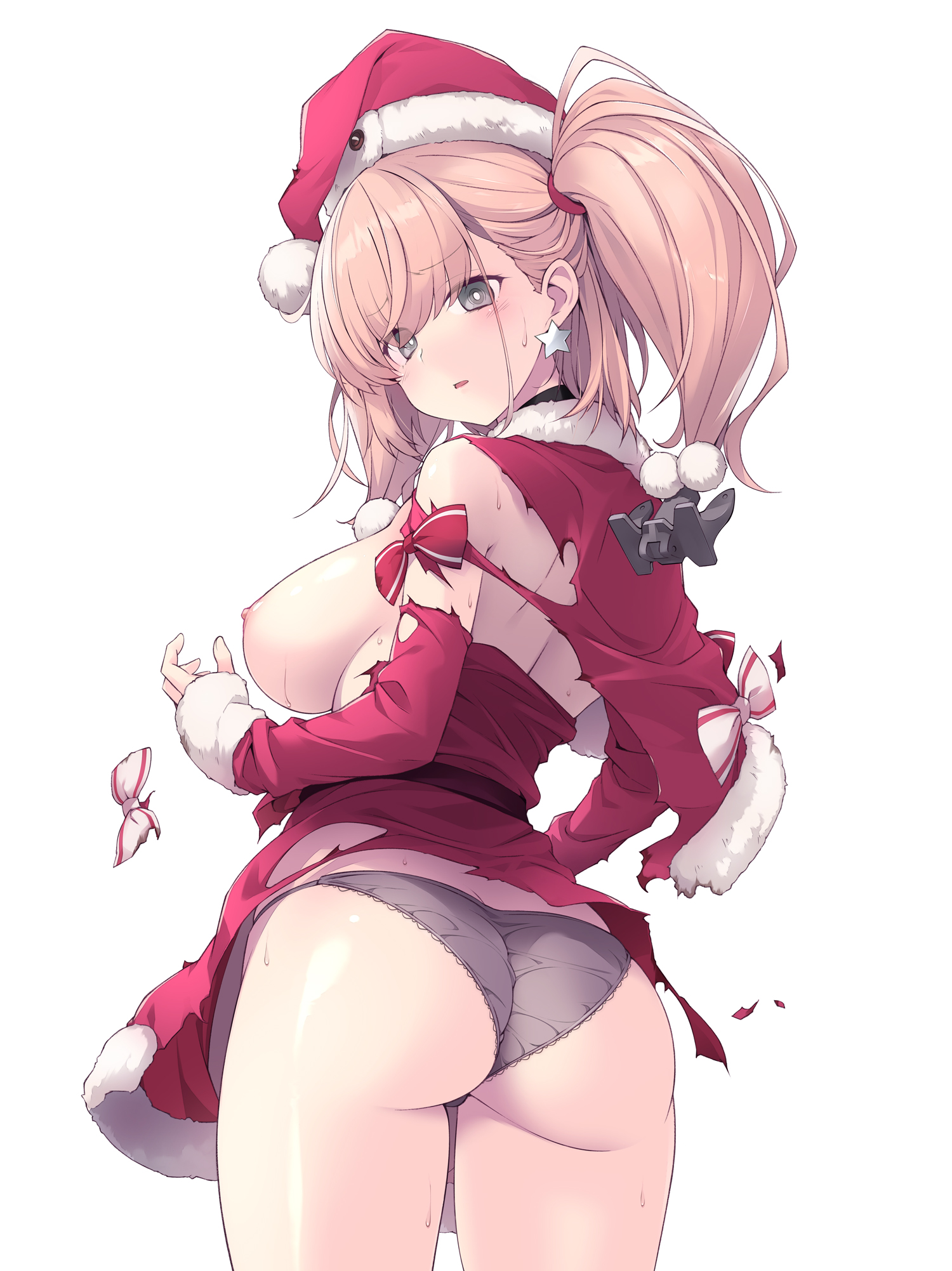 sakana (flame sakana), atlanta (christmas) (kancolle), atlanta (kancolle), kantai collection, commentary request, highres, 1girl, anchor hair ornament, ass, black choker, black panties, breasts, bright pupils, brown hair, capelet, choker, christmas, dress, earrings, from behind, fur-trimmed capelet, fur-trimmed dress, fur-trimmed headwear, fur-trimmed sleeves, fur trim, grey eyes, hair ornament, hat, jewelry, large breasts, long hair, long sleeves, nipples, official alternate costume, panties, red capelet, red dress, red hat, santa costume, santa dress, santa hat, short dress, solo, star (symbol), star earrings, torn capelet, torn clothes, torn dress, two side up, underwear