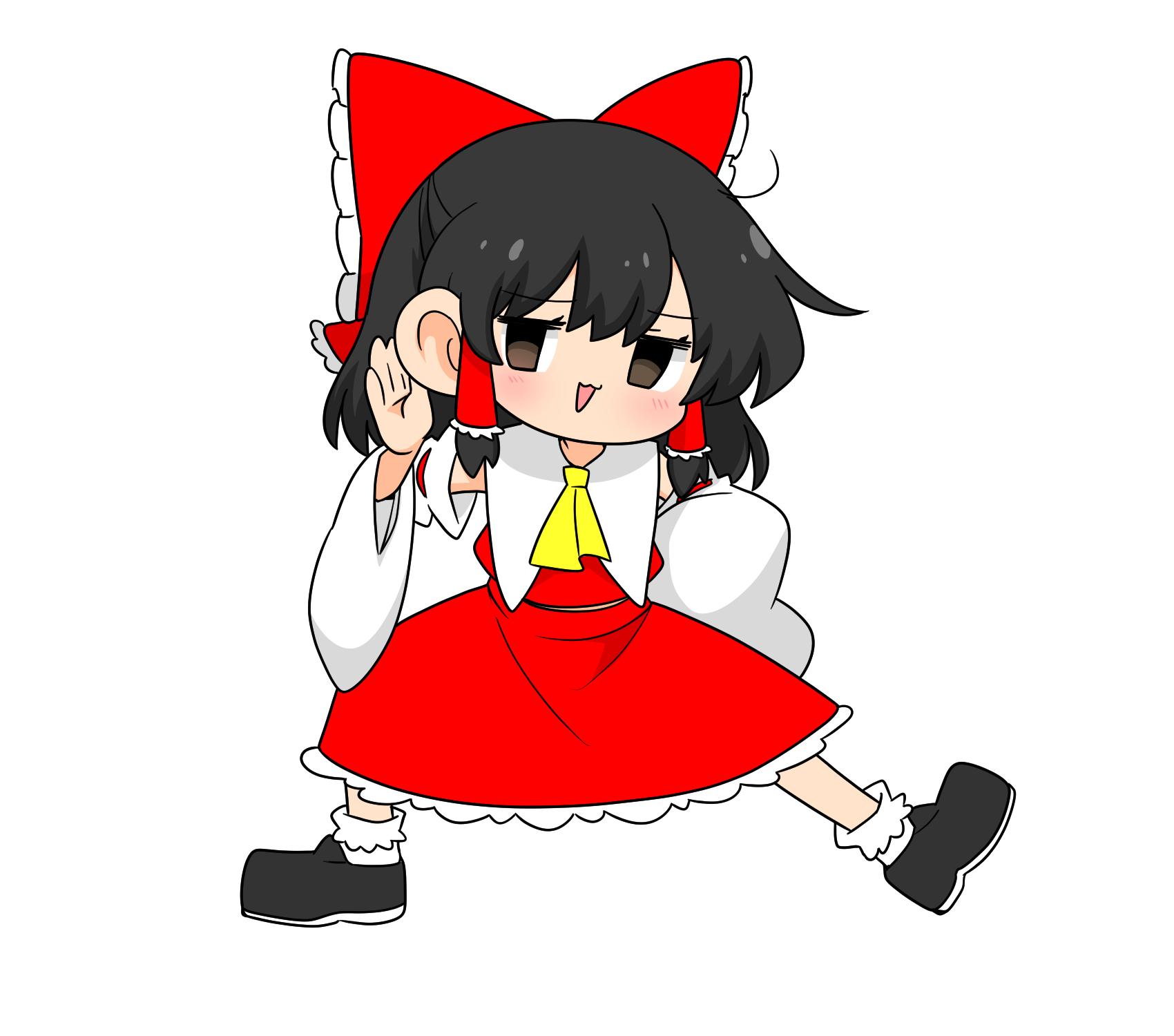 kumanou22, hakurei reimu, touhou, commentary request, highres, 1girl, :3, ascot, black eyes, black hair, black shoes, bow, detached sleeves, frilled bow, frilled hair tubes, frills, full body, hair bow, hair tubes, long hair, looking at viewer, open mouth, red bow, red skirt, ribbon-trimmed sleeves, ribbon trim, shoes, skirt, skirt set, smile, socks, solo, transparent background, white socks, yellow ascot