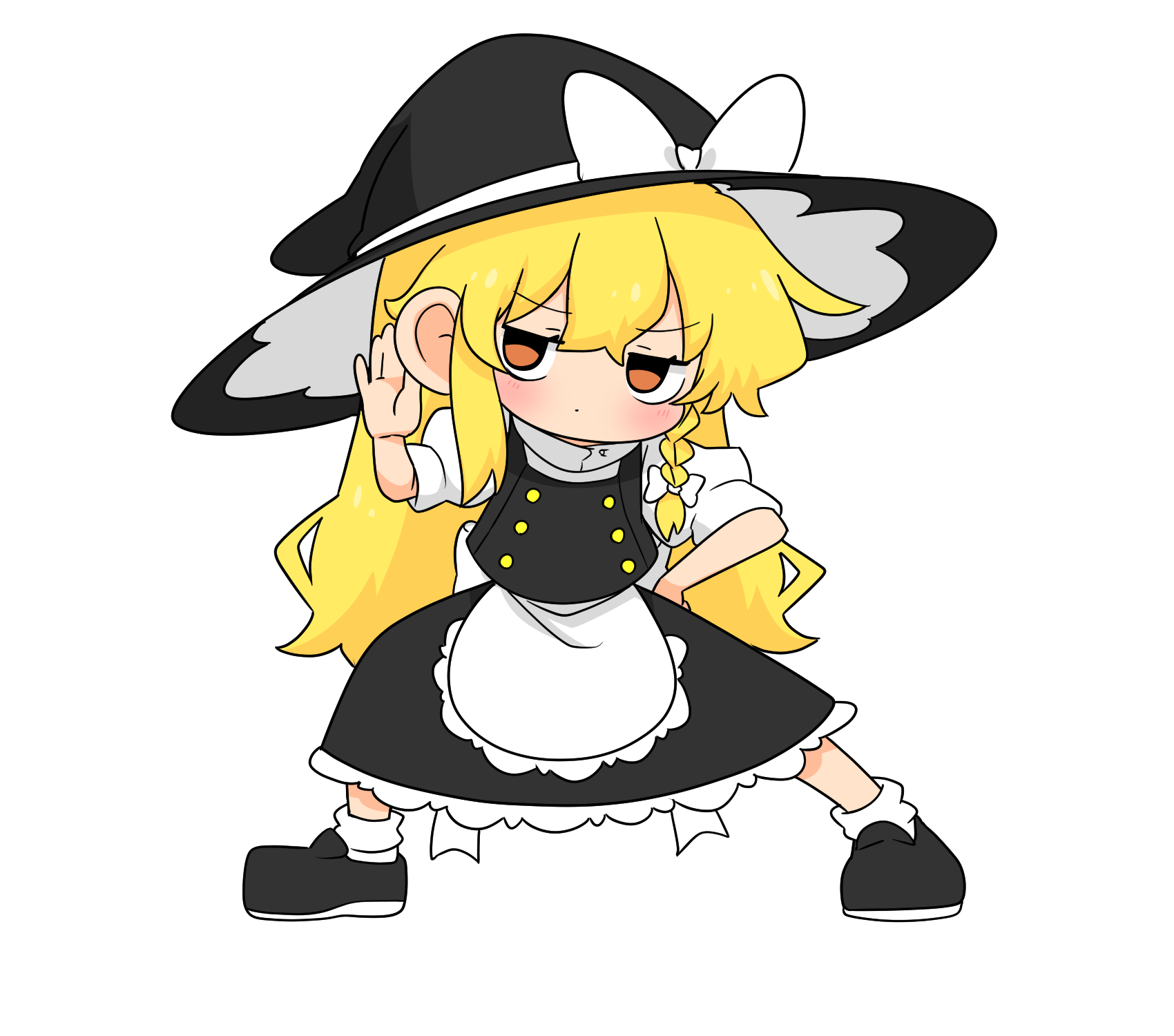 kumanou22, kirisame marisa, touhou, commentary request, highres, 1girl, apron, back bow, black hat, black shoes, black skirt, black vest, blonde hair, blush, bow, braid, frilled skirt, frills, full body, hair bow, hat, hat bow, long hair, puffy short sleeves, puffy sleeves, shoes, short sleeves, side braid, single braid, skirt, socks, solo, transparent background, very long hair, vest, waist apron, white apron, white socks, witch hat