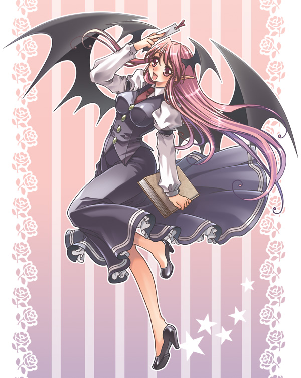 patapatanaona, takashi mei, koakuma, embodiment of scarlet devil, touhou, 1girl, bat wings, book, bookmark, female focus, head wings, long hair, red eyes, red hair, solo, wings