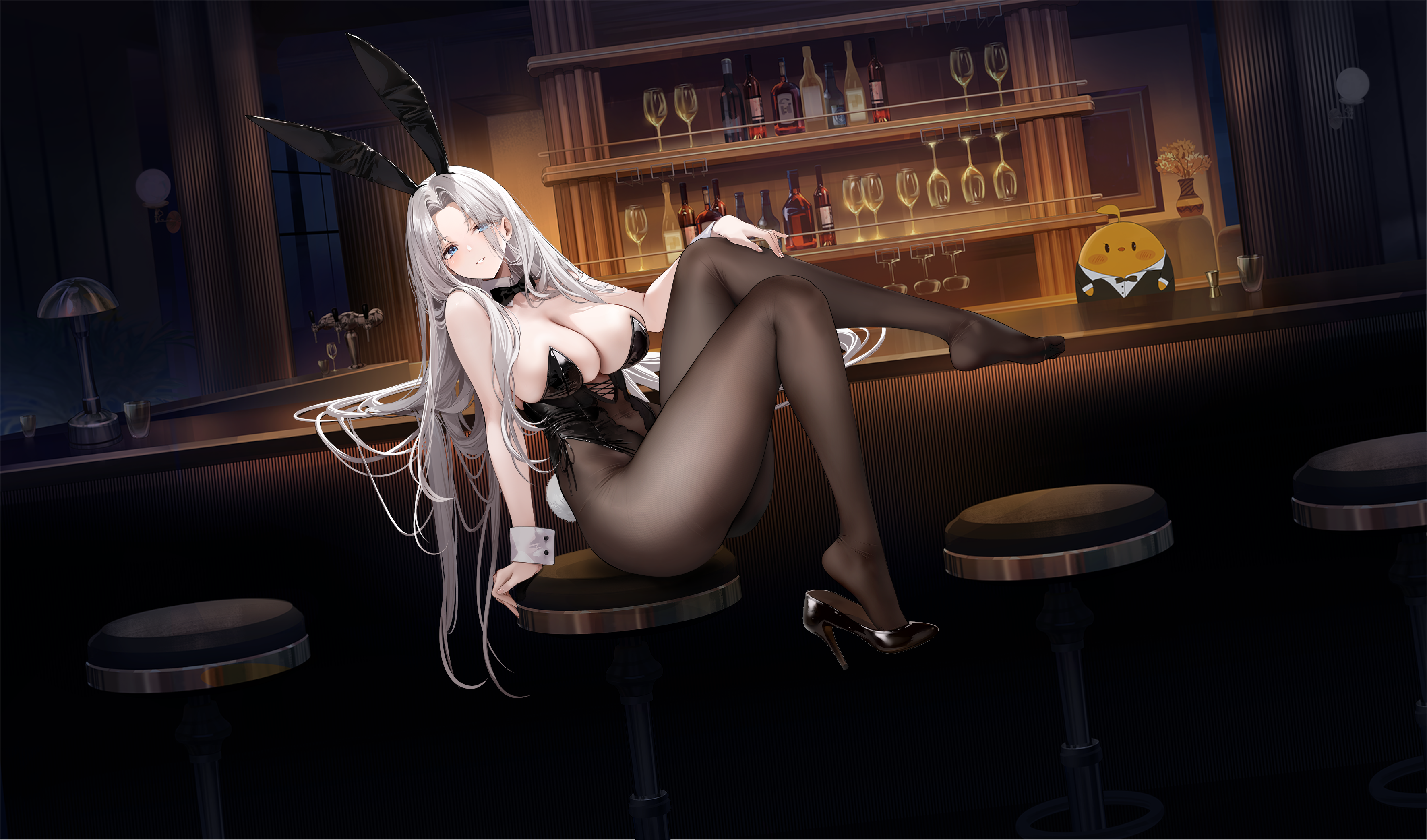 kurumi (recycllamo), yorktown (azur lane), yorktown ii (azur lane), azur lane, absurdres, artist request, check artist, highres, non-web source, official art, 1girl, animal ears, bare shoulders, black bow, black bowtie, black leotard, black pantyhose, black shoes, bow, bowtie, breasts, detached collar, fake animal ears, fake tail, full body, grey hair, hair flowing over, hair spread out, high heels, indoors, large breasts, leotard, long hair, looking at viewer, official alternate costume, pantyhose, parted lips, playboy bunny, rabbit ears, rabbit tail, shoes, single shoe, standing, tail, traditional bowtie, very long hair, white wrist cuffs, wrist cuffs, yorktown ii (an evening's companionship) (azur lane)