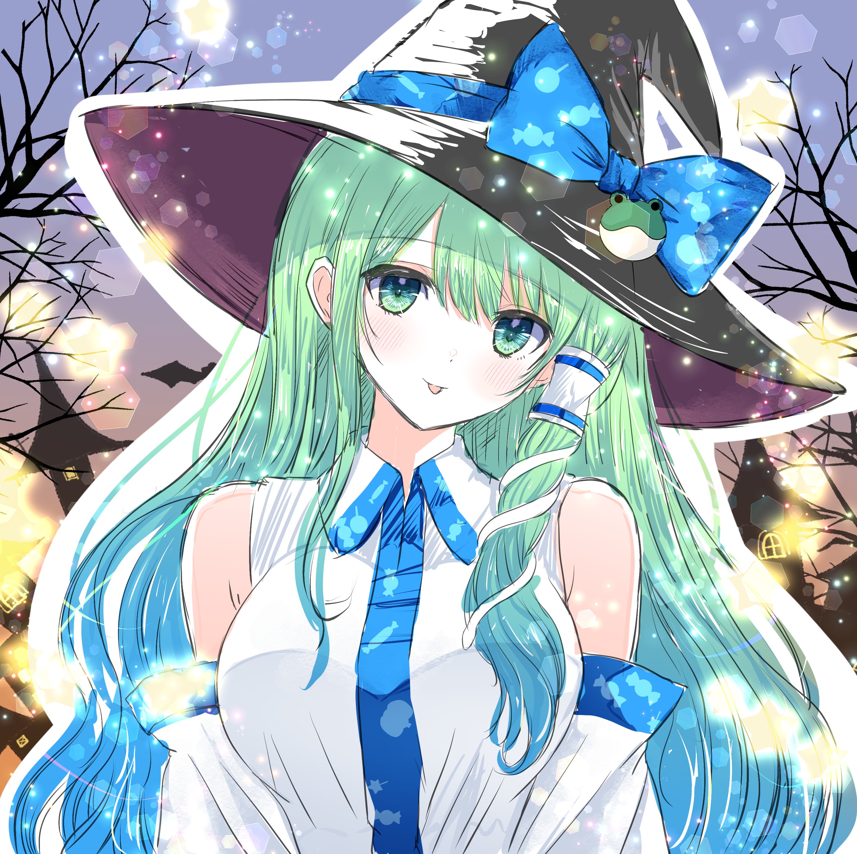 tomo (uguisu-tei), kochiya sanae, touhou, absurdres, commentary request, highres, 1girl, :p, bare tree, blue bow, blush, bow, breasts, detached sleeves, frog hair ornament, green eyes, green hair, hair ornament, hair tubes, halloween, halloween costume, hat, hat bow, long hair, looking at viewer, single hair tube, snake hair ornament, solo, tongue, tongue out, tree, witch hat