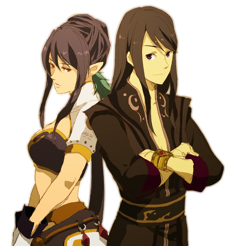 judith (tales), yuri lowell, tales of (series), tales of vesperia, 00s, 1boy, 1girl, alternate hair color, black eyes, black hair, bracelet, cowboy shot, crossed arms, gloves, hair bun, hair up, jewelry, long hair, looking at viewer, midriff, pointy ears, simple background, single hair bun, standing, very long hair, white background, white gloves
