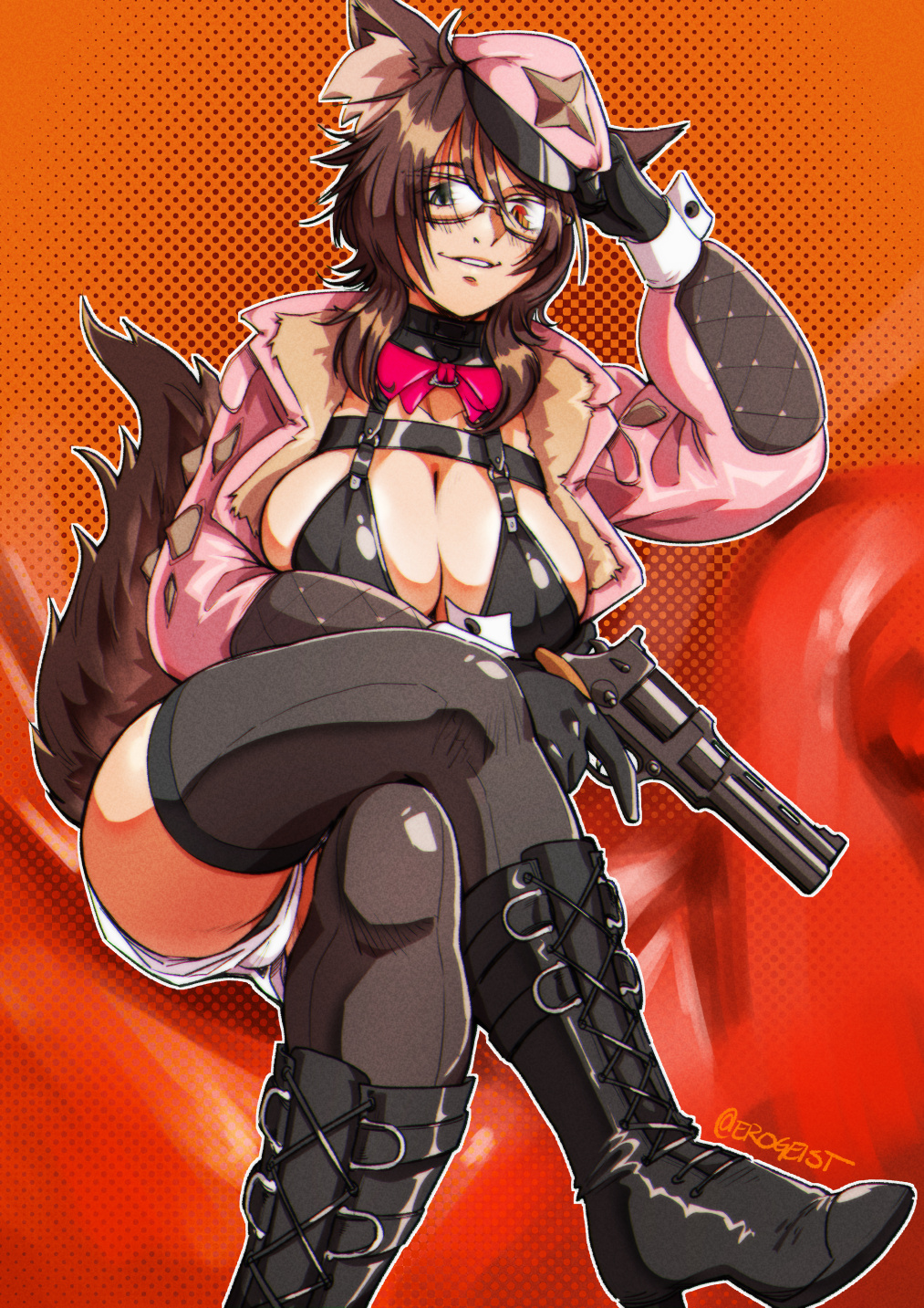 erogeist, original, commentary, commission, english commentary, highres, 1girl, adjusting clothes, adjusting headwear, animal ears, black boots, black eyes, black gloves, black thighhighs, boots, breasts, cat ears, cat girl, cat tail, cleavage, from below, gloves, gun, hair between eyes, handgun, hat, heterochromia, high heels, holding, holding gun, holding weapon, jacket, large breasts, latex bikini, looking at viewer, looking down, medium hair, nipples, open mouth, pink hat, pink jacket, red eyes, revolver, shorts, smile, solo, stiletto heels, tail, thighhighs, weapon, white shorts