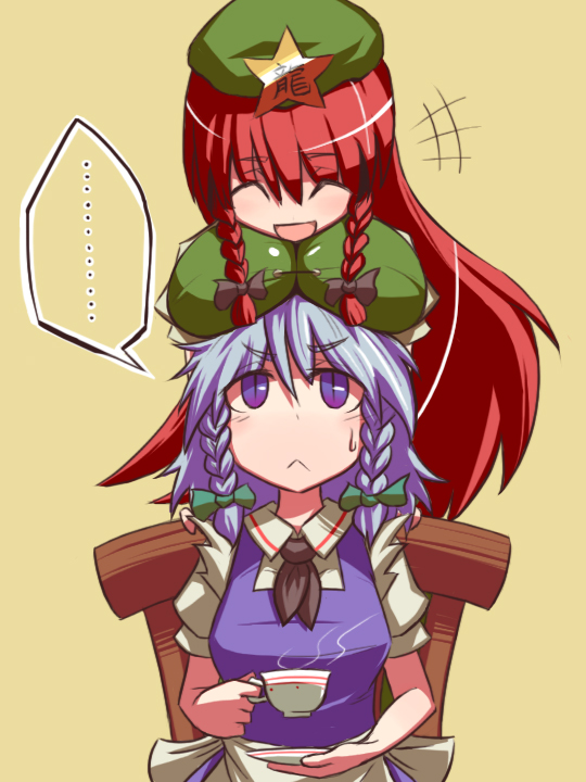 hakika, hong meiling, izayoi sakuya, embodiment of scarlet devil, touhou, silver hair, bad id, bad pixiv id, 2girls, :<, braid, breast rest, breasts, breasts on head, female focus, hairband, hat, large breasts, long hair, maid, multiple girls, red hair, short hair, twin braids