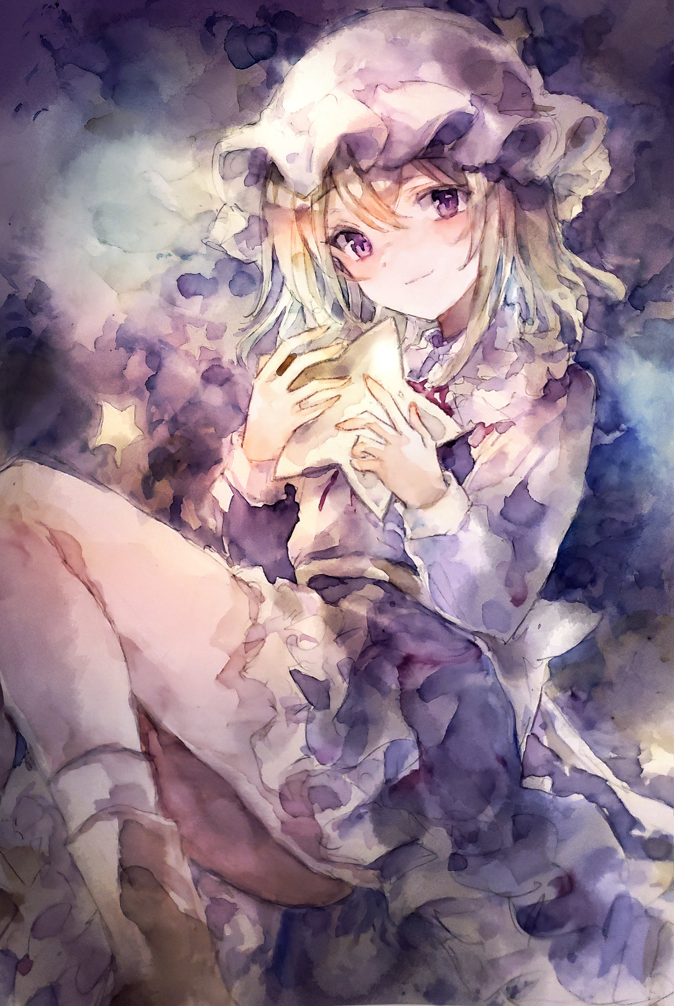 kamu kotan, maribel hearn, touhou, absurdres, commentary, highres, traditional media, 1girl, blonde hair, closed mouth, dress, hat, long hair, long sleeves, looking at viewer, mob cap, purple dress, purple eyes, smile, socks, solo, star (symbol), white socks