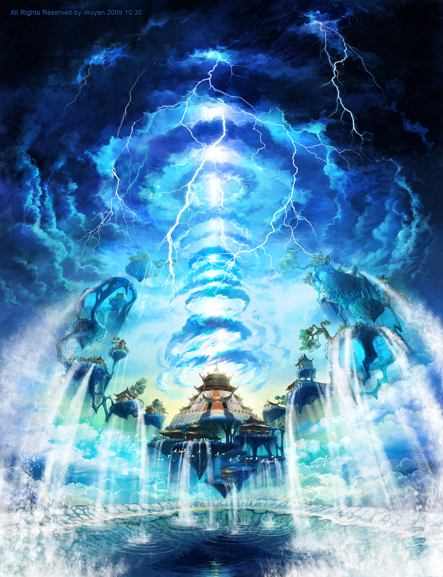 mugon, original, highres, bird, building, cloud, floating island, grand scale, landscape, lightning, no humans, ripples, scenery, sky, torii, tree, water, waterfall, watermark