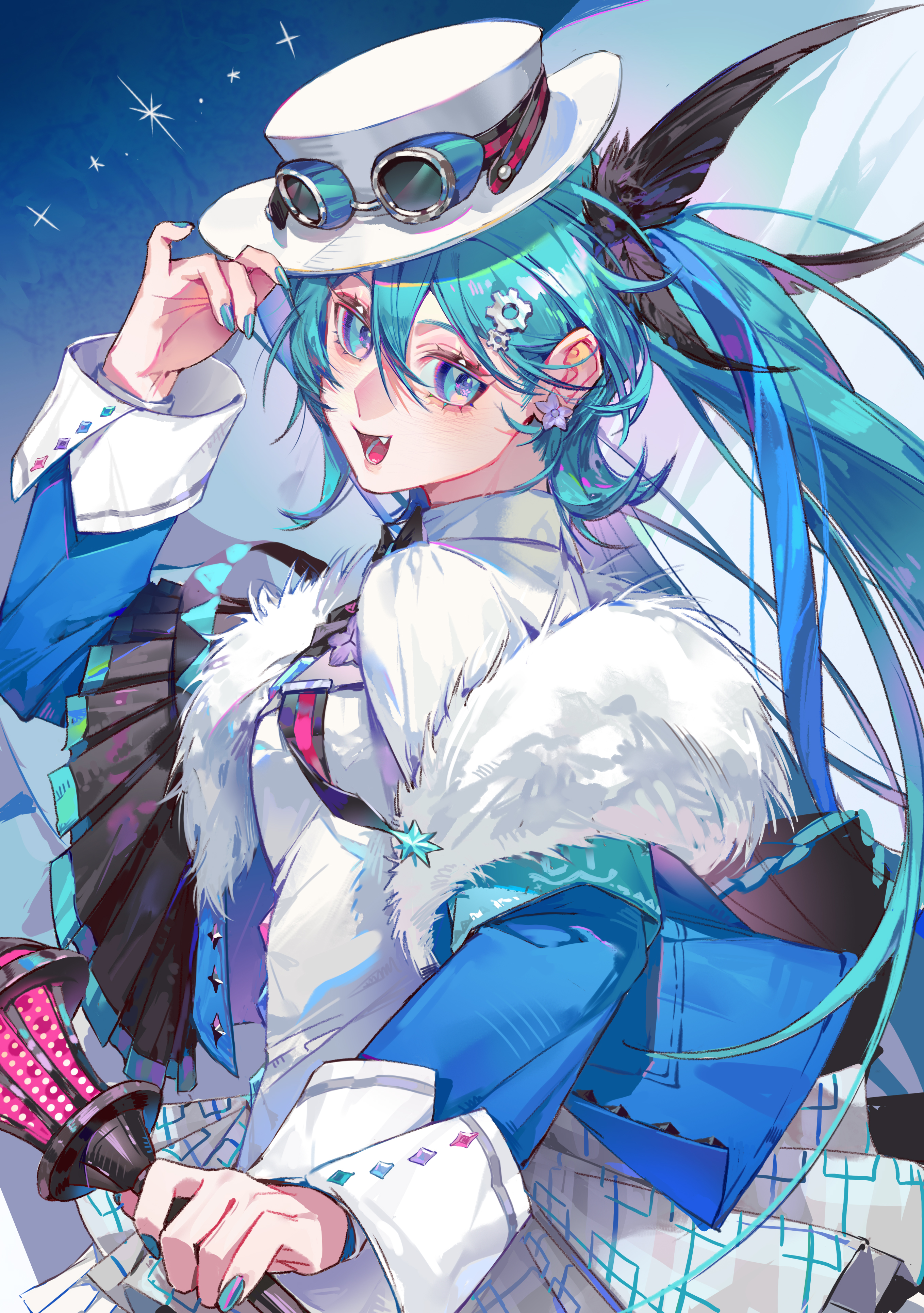 kako (pixiv77158173), hatsune miku, hatsune miku (miku with you 2025), miku with you (vocaloid), vocaloid, absurdres, commentary request, highres, 1girl, adjusting clothes, adjusting headwear, alternate costume, blue eyes, blue hair, blue jacket, fur-trimmed jacket, fur trim, goggles, goggles on headwear, hand up, hat, holding, holding staff, jacket, long hair, long sleeves, looking at viewer, open mouth, smile, solo, staff, upper body, white hat