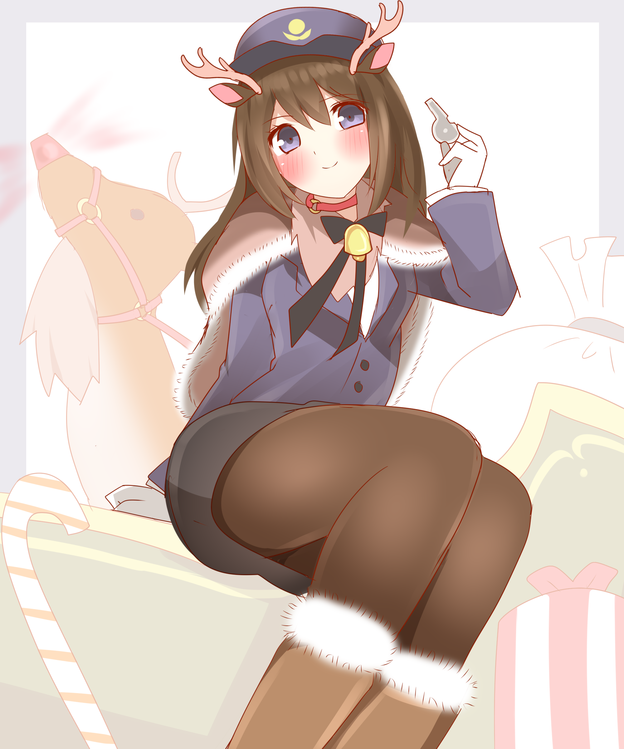 non (wednesday-classic), original, absurdres, commentary request, highres, 1girl, animal, animal ears, antlers, bell, black bow, black skirt, blue eyes, blue hat, blue jacket, blush, boots, bow, brown boots, brown capelet, brown hair, brown pantyhose, capelet, christmas, closed mouth, deer ears, fur-trimmed boots, fur-trimmed capelet, fur trim, hair between eyes, hand up, hat, head tilt, holding, holding whistle, horns, jacket, long sleeves, neck bell, pantyhose, pencil skirt, police, police hat, police uniform, policewoman, red nose, reindeer, reindeer antlers, sack, shirt, skirt, smile, solo, whistle, white shirt