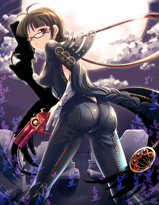 mame-p, akizuki ritsuko, bayonetta, bayonetta (series), bayonetta 1, idolmaster, idolmaster (classic), bad id, bad pixiv id, 1girl, antenna hair, ass, bayonetta (cosplay), bodysuit, breasts, brown eyes, brown hair, bug, butt crack, butterfly, cosplay, covered erect nipples, dual wielding, elbow gloves, female focus, from behind, glasses, gloves, graveyard, gun, handgun, holding, insect, long hair, looking back, medium breasts, moon, night, one eye closed, pistol, solo, strap, weapon, wink