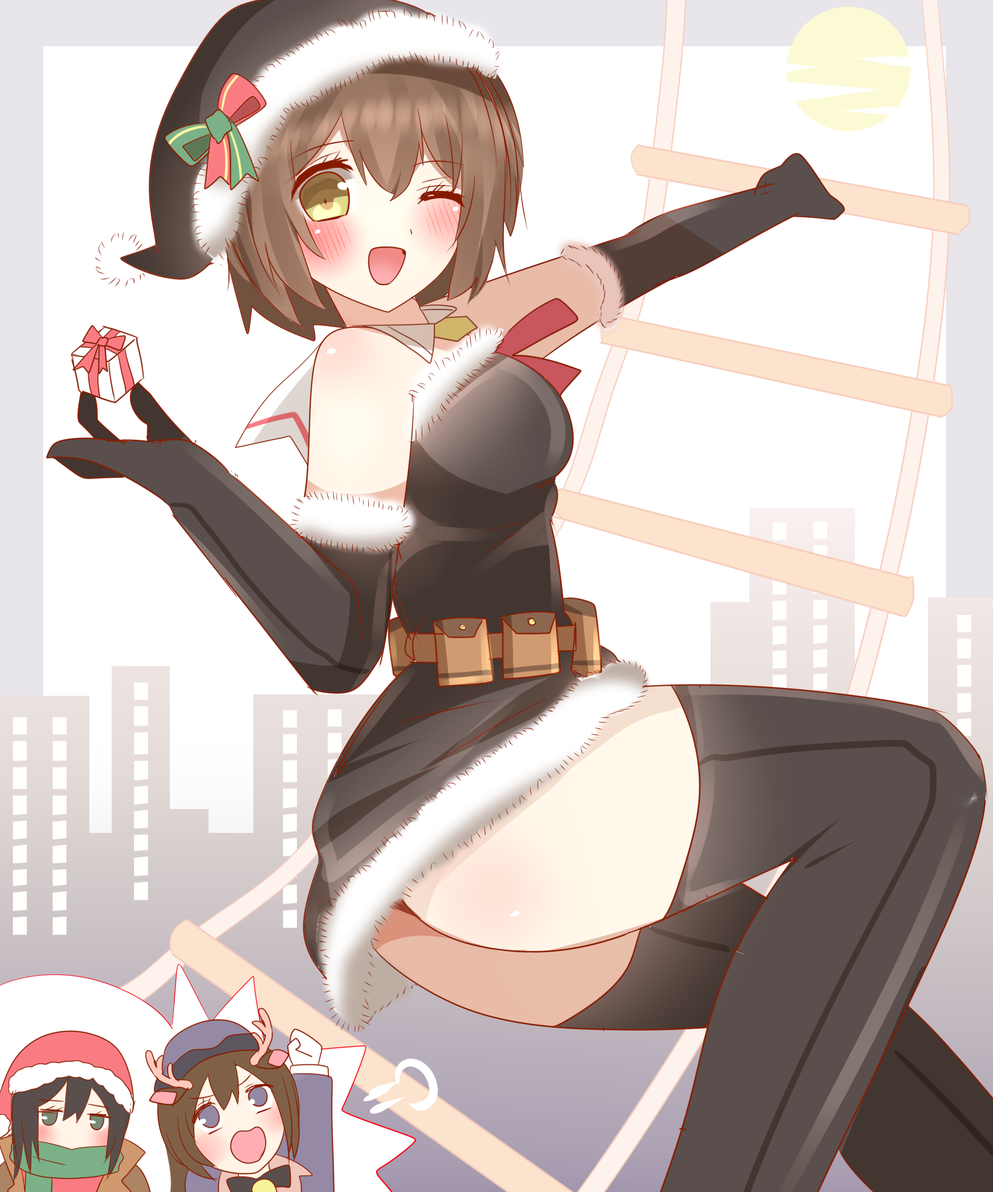 non (wednesday-classic), original, absurdres, commentary request, highres, 3girls, ;d, animal ears, antlers, ass, bare shoulders, black dress, black gloves, black hair, black hat, black thighhighs, blue eyes, blue hat, blue jacket, blush, breasts, brown eyes, brown hair, brown jacket, chibi, christmas, cloud, deer ears, dress, elbow gloves, feet out of frame, full moon, fur-trimmed dress, fur-trimmed gloves, fur-trimmed headwear, fur trim, gift, gloves, green eyes, green scarf, hair between eyes, hat, holding, holding gift, horns, jacket, looking at viewer, medium breasts, moon, multiple girls, one eye closed, open mouth, police, police hat, police uniform, policewoman, red hat, reindeer antlers, rope ladder, santa costume, santa hat, scarf, skyline, smile, strapless, strapless dress, thighhighs, white gloves