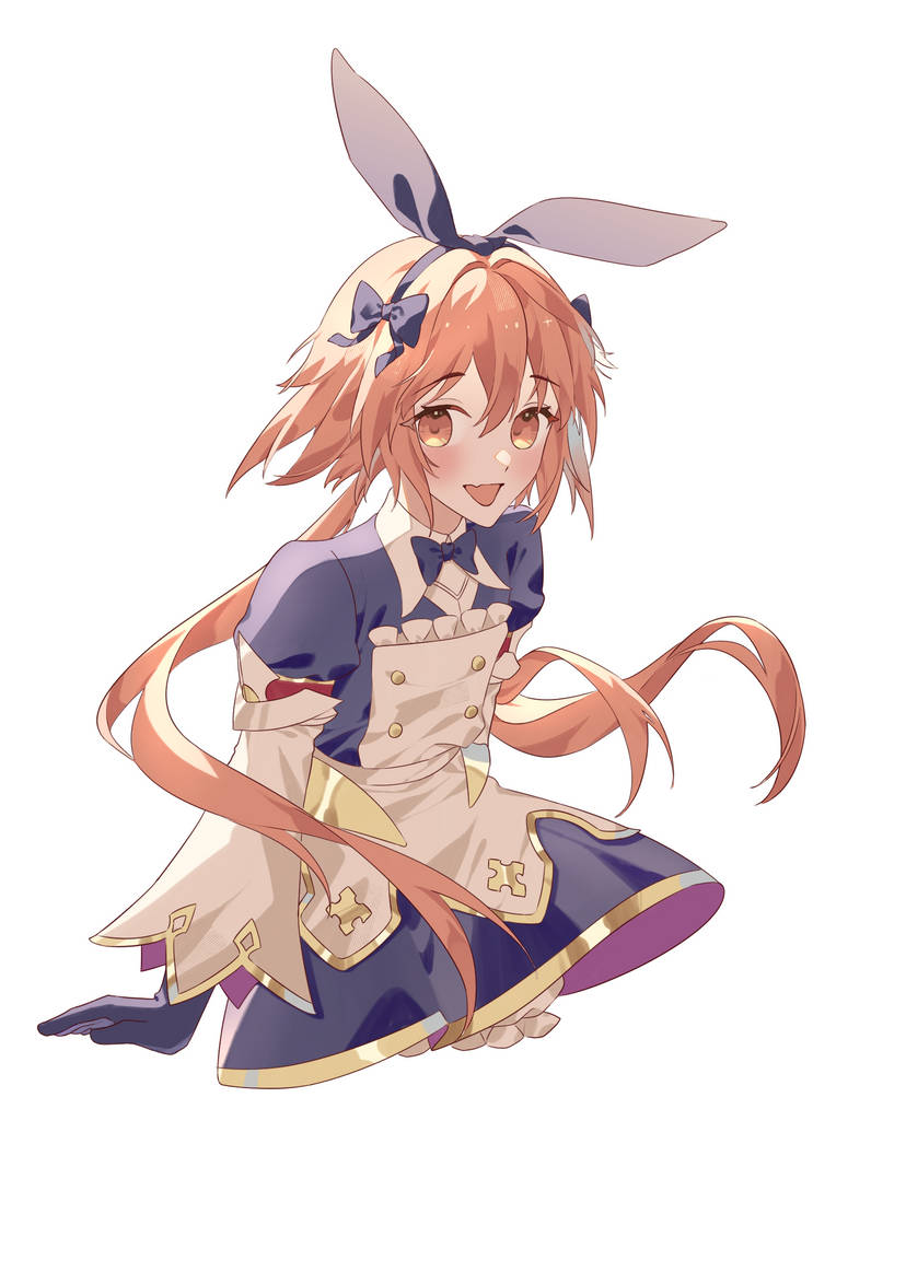 astolfo (fate), astolfo (saber) (fate), astolfo (saber) (third ascension) (fate), fate/apocrypha, fate/grand order, fate (series), commentary, 1boy, androgynous, animal ears, black bow, black bowtie, black gloves, blush, bow, bowtie, cropped legs, fake animal ears, fang, gloves, gold trim, hair bow, hair intakes, long hair, male focus, minthurtable, multicolored hair, official alternate costume, open mouth, pink hair, purple eyes, rabbit ears, simple background, skin fang, smile, solo, streaked hair, twintails, very long hair, white background, white hair, wing collar