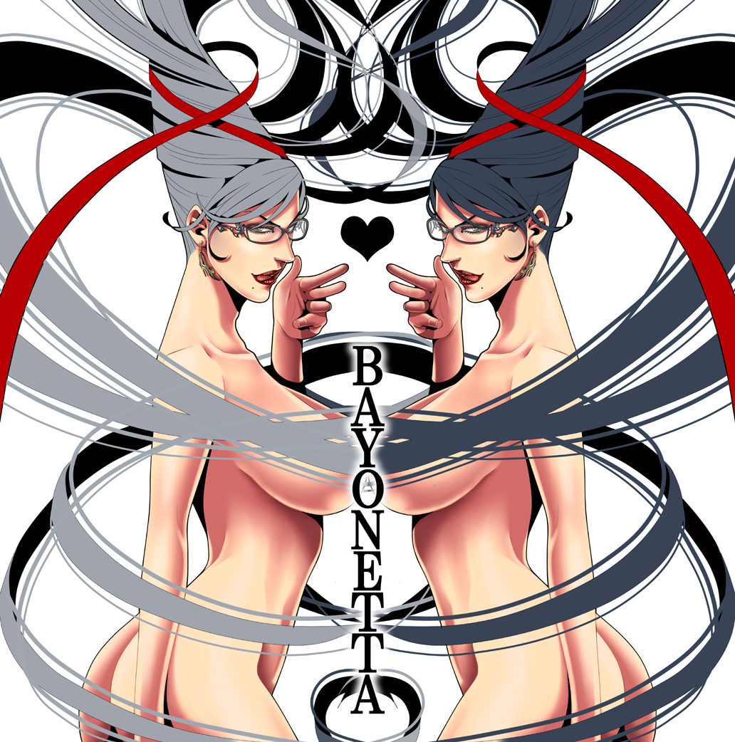 sakamoto1115, bayonetta, bayonetta (series), bayonetta 1, silver hair, bad id, bad pixiv id, 1girl, ass, black hair, breasts, butt crack, censored, convenient censoring, dual persona, earrings, finger gun, glasses, hair censor, heart, huge breasts, jewelry, lipstick, long hair, makeup, mole, mole under mouth, nude, sideboob, tongue, very long hair