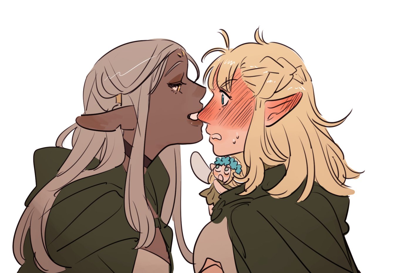 milfcookiesimp, cithis, pattadol, dungeon meshi, biting nose, blush, dark skin, fairy, pointy ears, yuri