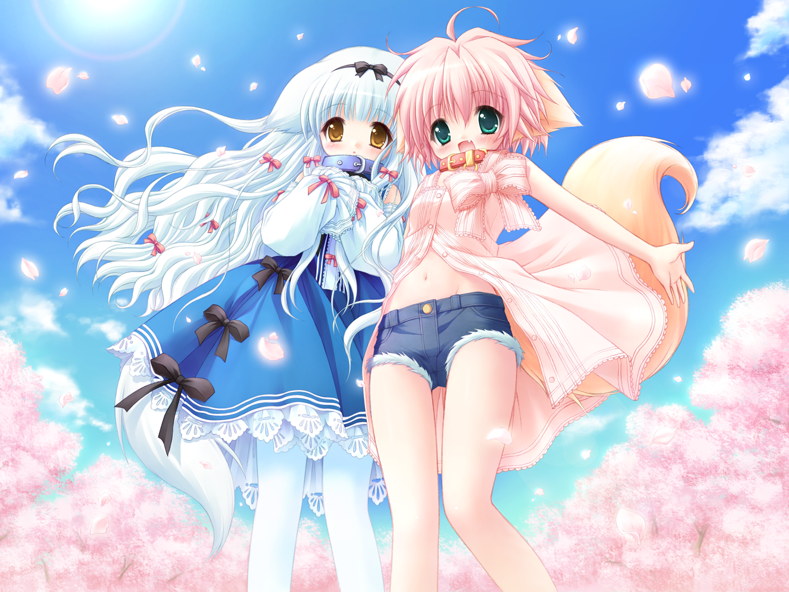 hiyo nanami, lily (wanko to lily), wanko, wanko (wanko to lily), wanko to lily, highres, 2girls, ahoge, animal ears, aqua eyes, bare shoulders, blush, bow, cherry blossoms, child, cloud, collar, day, denim, denim shorts, dog ears, dog tail, dress, fang, fangs, hair bow, hair ribbon, long hair, midriff, multiple girls, multiple hair bows, navel, open mouth, outdoors, pantyhose, petals, pink hair, ribbon, short hair, shorts, sky, tail, very long hair, white hair, white pantyhose, wind, yellow eyes