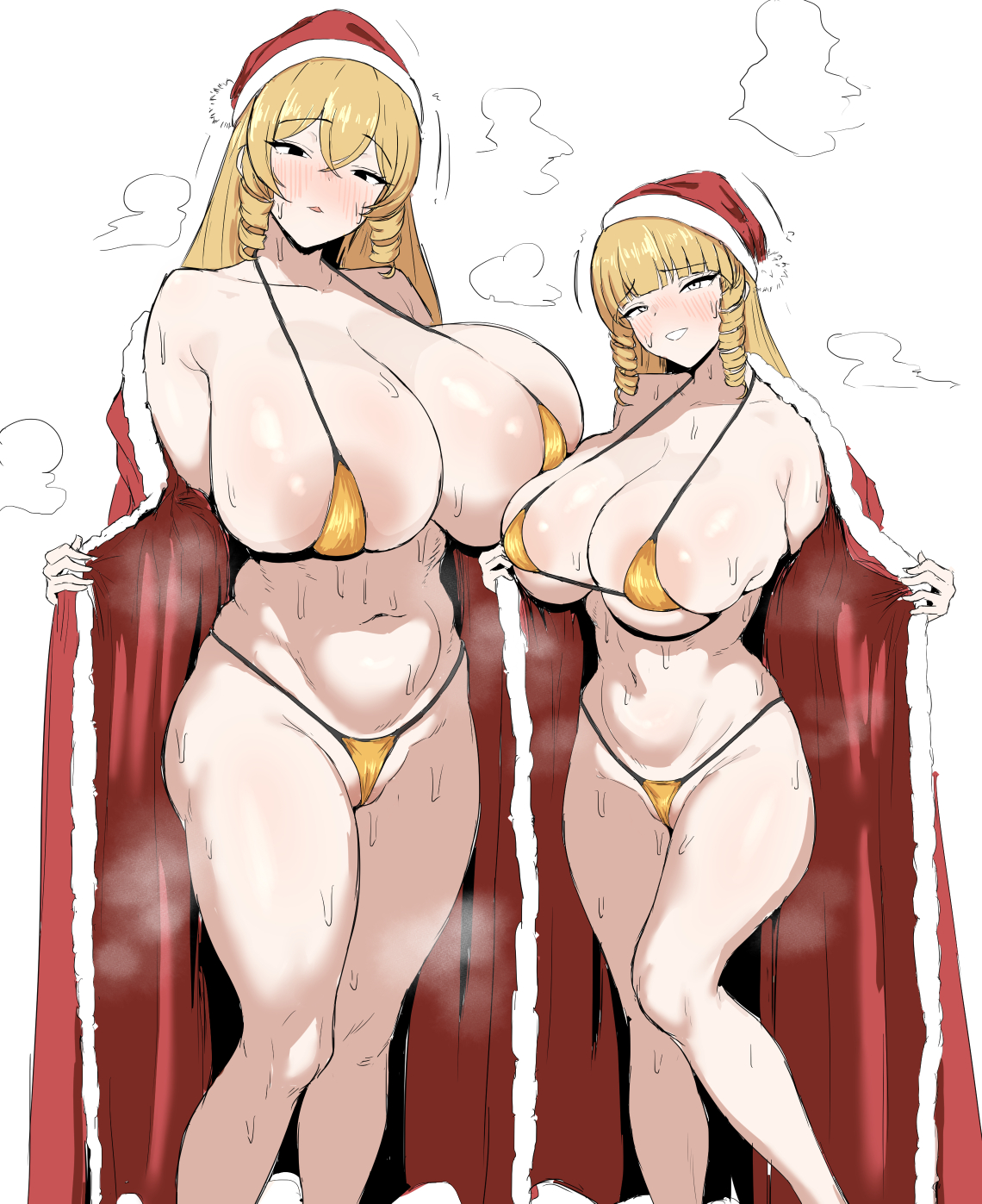 sochin douji, kaneda maria, kaneda mochiko, mount celeb kaneda-san, commentary request, highres, 2girls, areola slip, bikini, black eyes, blonde hair, blush, breasts, cameltoe, christmas, covered erect nipples, curvy, drill hair, drill sidelocks, embarrassed, feet out of frame, gold bikini, hat, huge breasts, large areolae, large breasts, long hair, looking at viewer, micro bikini, mother and daughter, multiple girls, navel, open mouth, opened by self, santa costume, santa hat, sidelocks, simple background, skindentation, smile, standing, stomach, string bikini, sweat, swimsuit, thick thighs, thighs, white background, yellow eyes