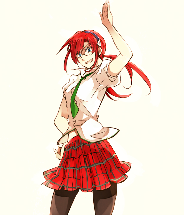 yone (kaguudou), makinami mari illustrious, evangelion: 2.0 you can (not) advance, neon genesis evangelion, rebuild of evangelion, bad id, bad pixiv id, 00s, 1girl, blue eyes, brown hair, female focus, glasses, hairband, necktie, pantyhose, plaid clothes, plaid skirt, school uniform, simple background, skirt, smile, solo, twintails, white background