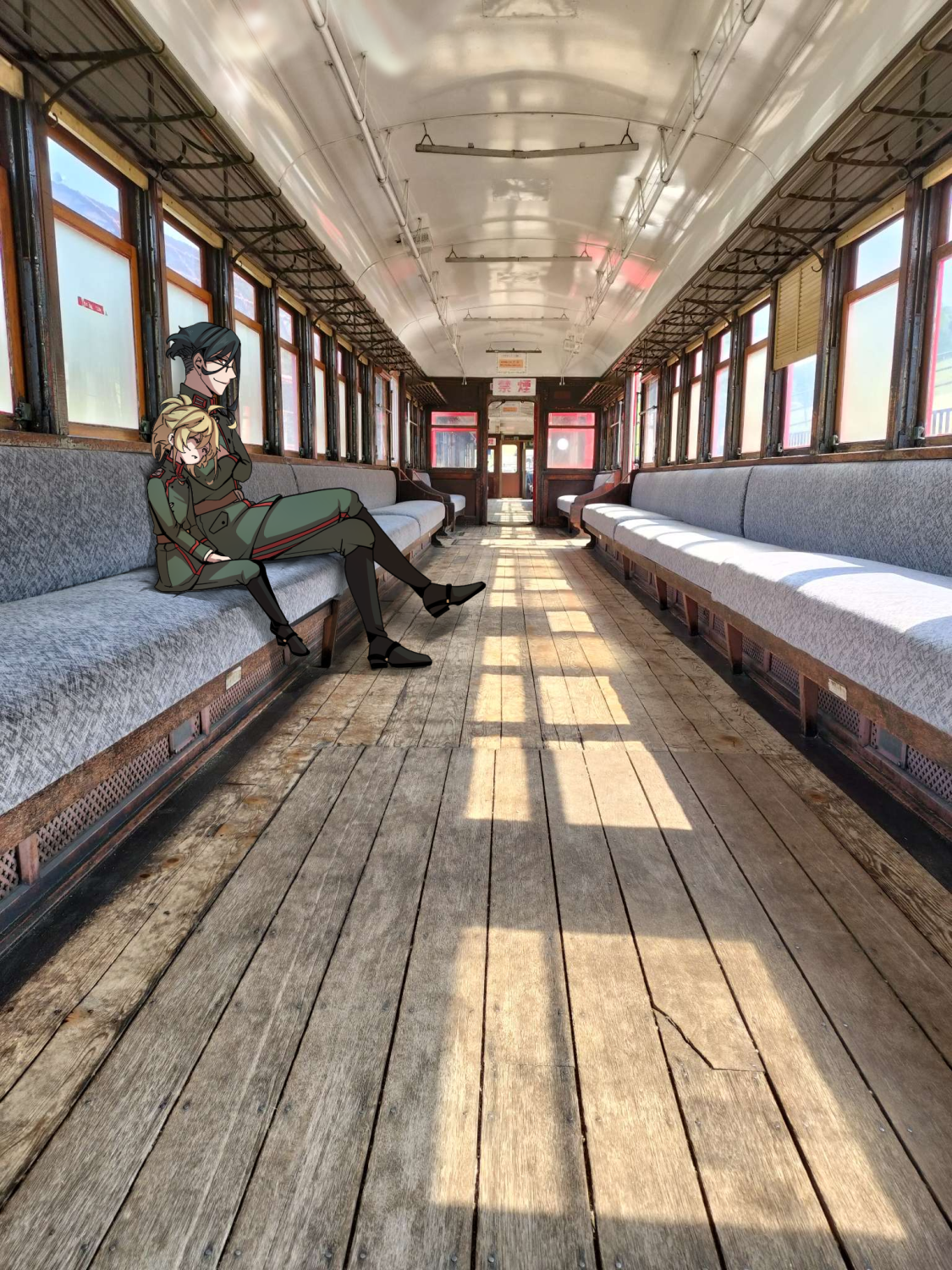 hal (goshujinomocha), erich von rerugen, tanya degurechaff, youjo senki, commentary request, highres, 1boy, 1girl, black hair, boots, crossed arms, crossed legs, from side, full body, glasses, indoors, long hair, long sleeves, military uniform, pants, short hair, shoulder boards, sitting, sleeping, smile, streetcar, streetcar interior, window