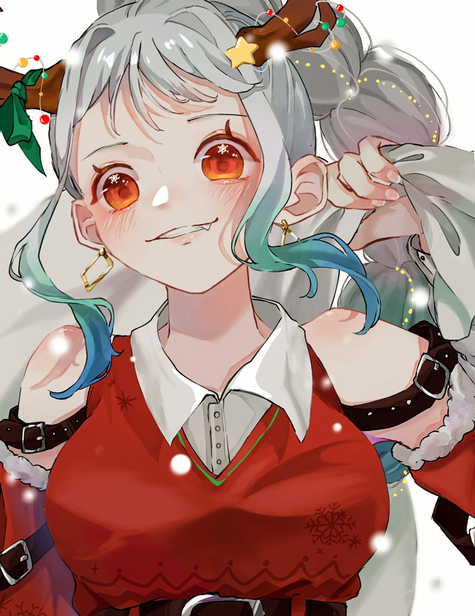 u mi031, yamato (one piece), one piece, commentary request, highres, 1girl, alternate costume, arm strap, bare shoulders, belt, belt buckle, blue hair, blush, braid, braided ponytail, breasts, buckle, christmas, collared shirt, detached sleeves, dress, earrings, fang, holding, holding sack, horns, jewelry, long hair, looking at viewer, medium breasts, merry christmas, multicolored hair, parted lips, red dress, red eyes, red sleeves, sack, shirt, sidelocks, sleeveless, sleeveless dress, snowflake in eye, solo, sparkle, star (symbol), straight-on, two-tone hair, upper body, white hair, white shirt