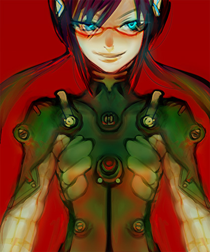 tcs, makinami mari illustrious, evangelion: 2.0 you can (not) advance, neon genesis evangelion, rebuild of evangelion, lowres, painting (medium), traditional media, watercolor (medium), 00s, blue eyes, brown hair, faux traditional media, glasses, glowing, glowing eyes, mecha pilot suit, plugsuit (evangelion), smile, solo, speed painting, twintails